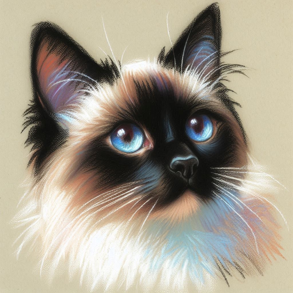 Gatto Siamese, Stampa di un mio dipinto a Pastello di un ritratto di un Gatto Siamese, Arte STAMPABILE,  illustrazione arte animale, Download Digitale, eseguito da Papiarte® Art. x230a