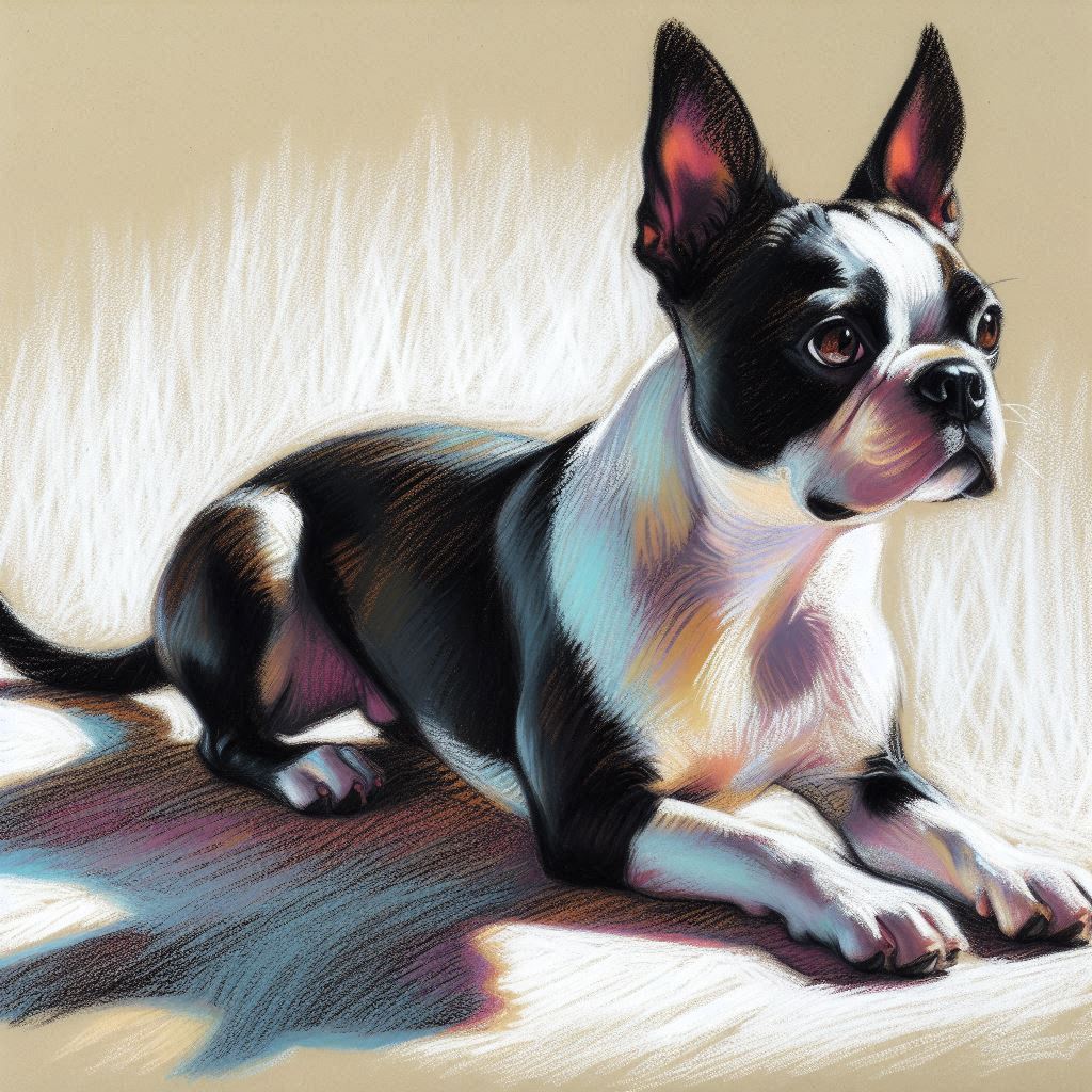 Stampa di un mio dipinto a Pastello di un ritratto di un Boston Terrier, Arte STAMPABILE,  illustrazione arte animale, Download Digitale, eseguito da Papiarte® Art. w248b