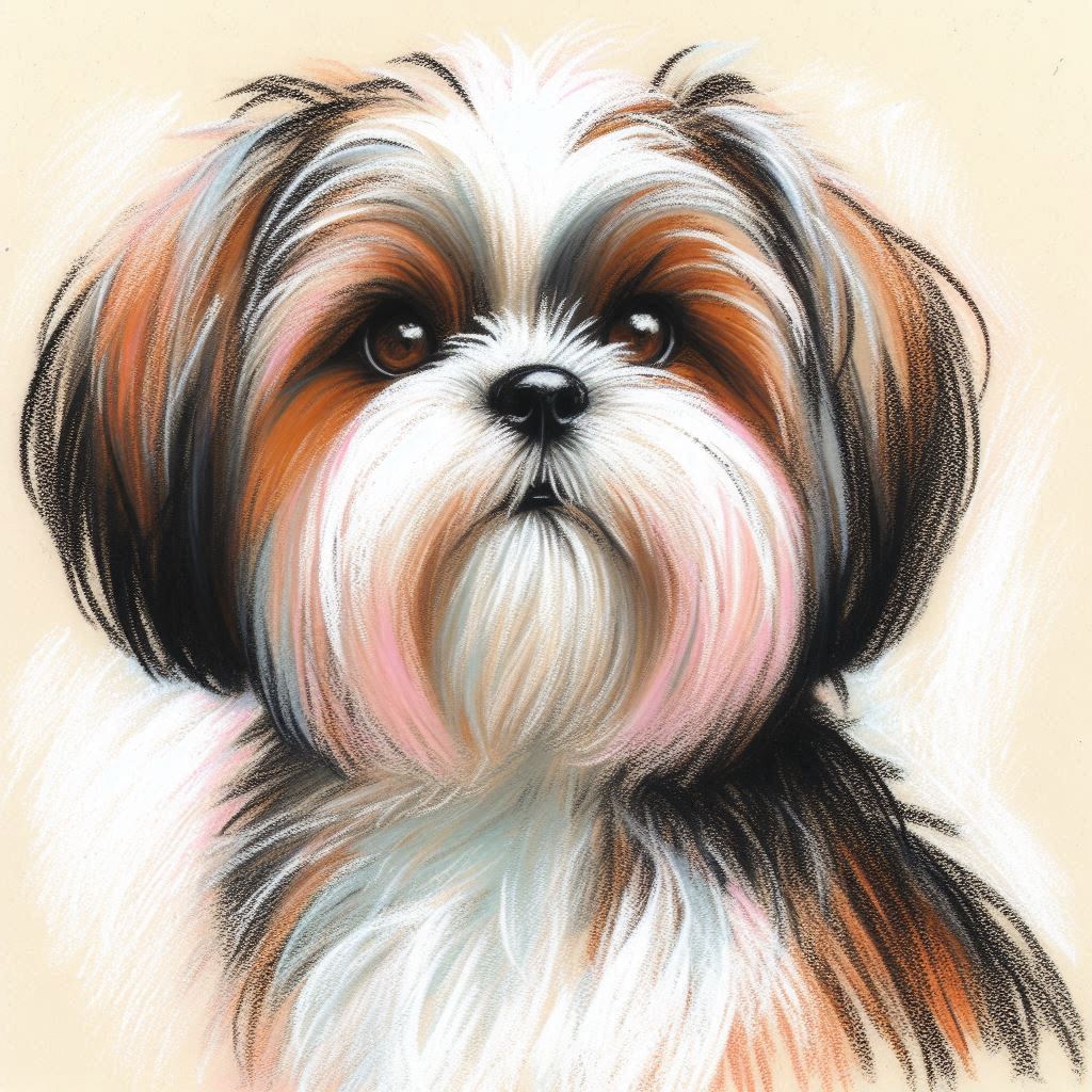 Stampa di un mio dipinto a Pastello di un ritratto di un Cane Shih Tzu, Arte STAMPABILE,  illustrazione arte animale, Download Digitale, eseguito da Papiarte® Art. w255a