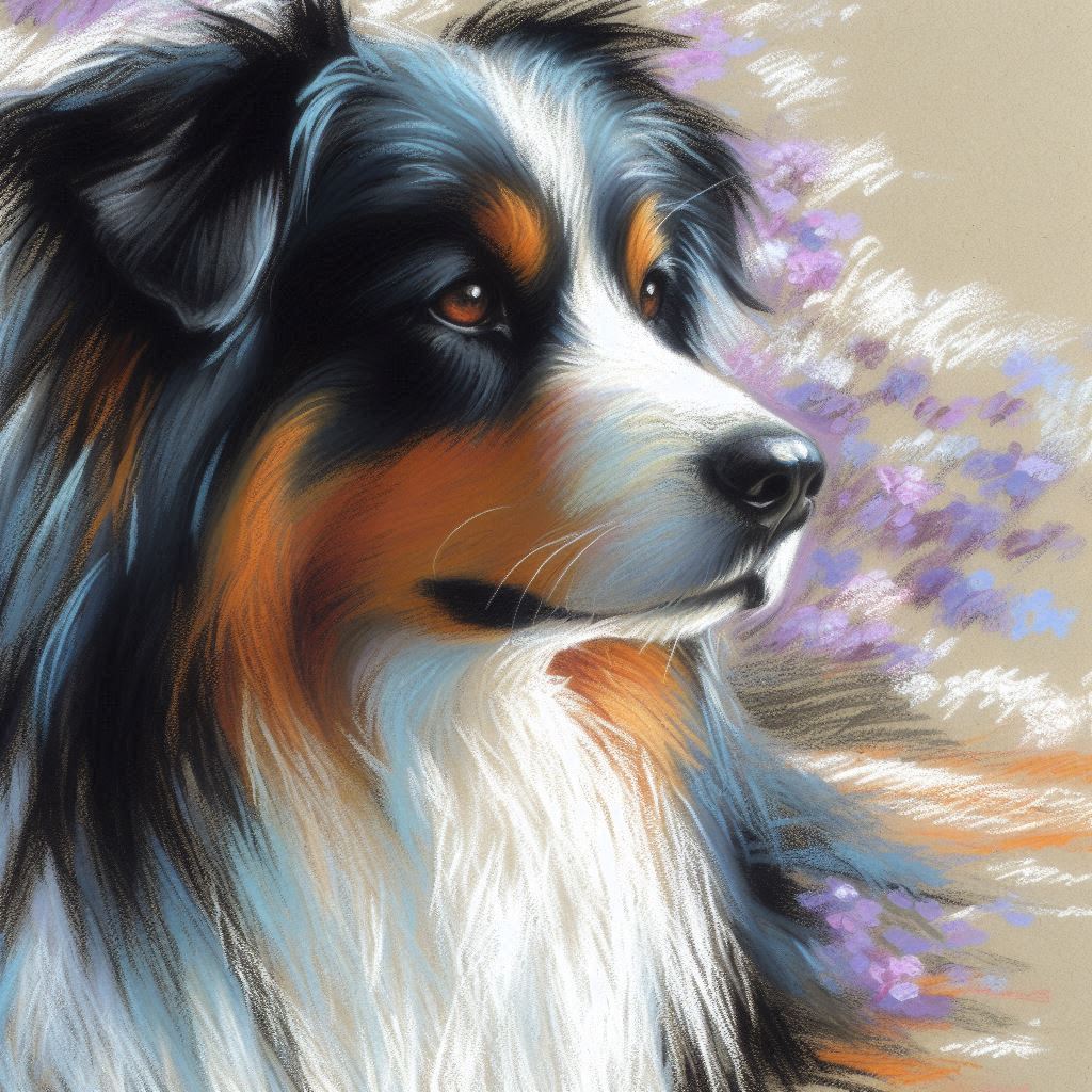 Stampa di un mio dipinto a Pastello di un ritratto di un Cane Australian Shepherd, Arte STAMPABILE,  illustrazione arte animale, Download Digitale, eseguito da Papiarte® Art. w304g